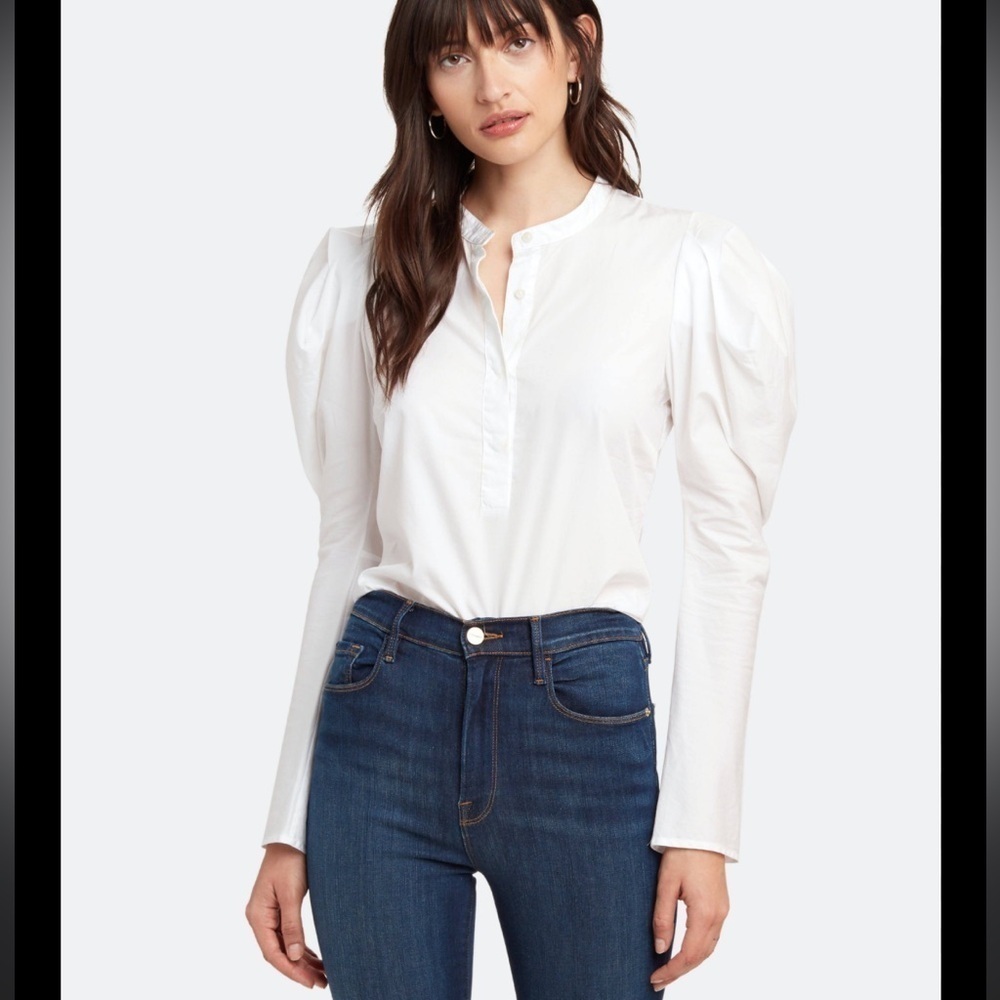 ALC Hudson white crisp collarless top with puff sleeves size 6.